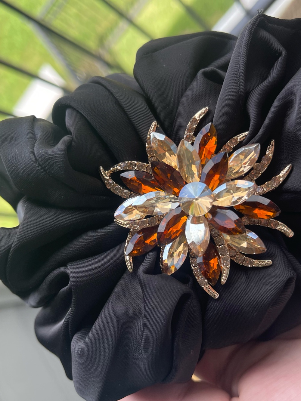 Gold and Amber Crystal Floral Brooch Pin